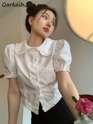 White Shirts Women Peter Pan Collar Kawaii Japanese Style Summer Crop Tops Elegant Chemise Femme Irregular Casual Short Sleeve