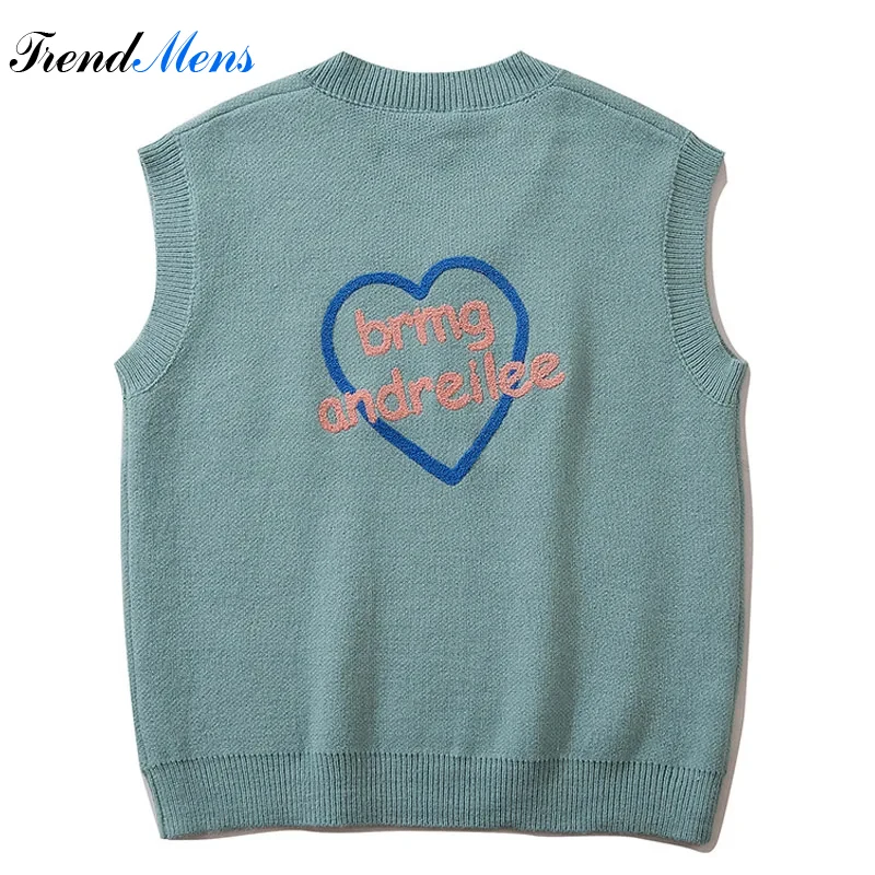 Winter Men Harajuku Sweater Vest Letters Heart Loose Sleeveless V-neck Pullover Women Japanese College Style Tops Streetwear New