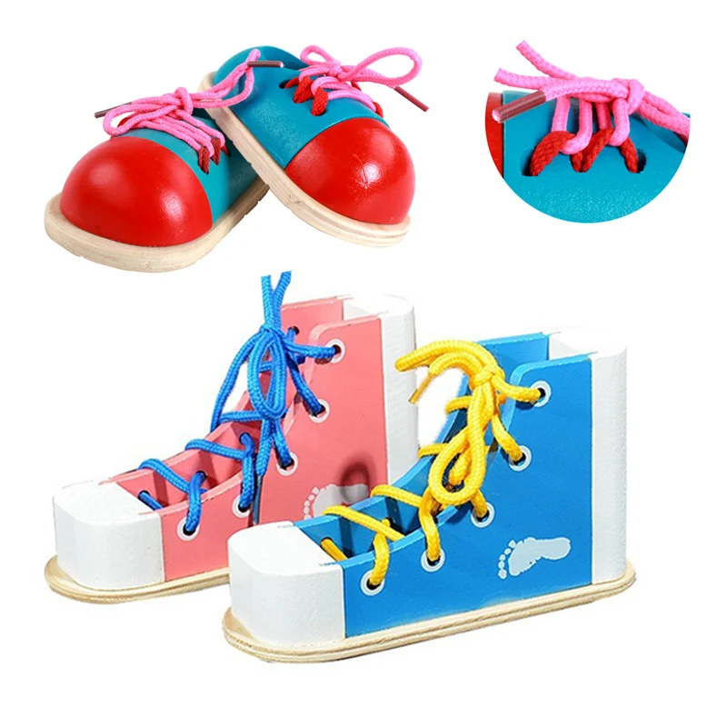 

Montessori Toddler Lacing Shoes Wooden Toys Learn To Tie Shoelaces Threading Toy Kids Children Early Educational Learning Gifts