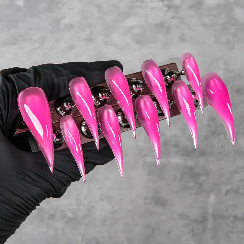 Handmade Extra Long Stiletto Press On Nails Jelly Hot Pink Transparent Glossy Solid Color Reusable False Nail Art