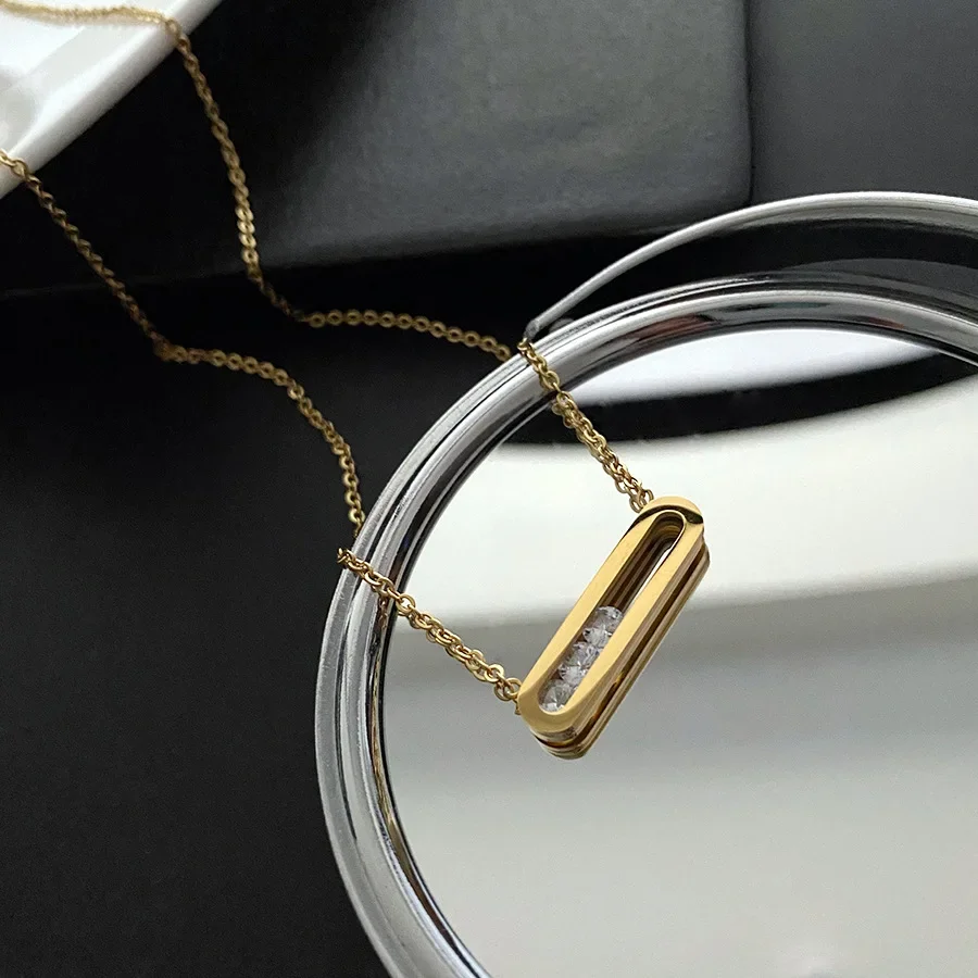 Titanium Steel Not Fade Necklace Female Rectangular Banboo pendant Zircon Clavicle Chain Plated Gold color Simple Jewelry
