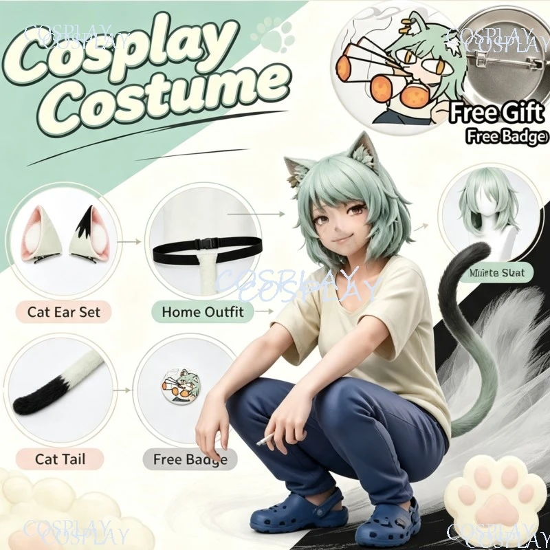 Tshirt Pants Furry Cat Earwear Headband Tail Mint Wigs Full Set Anime Chainsmoker Cat Cosplay Yanineko Costume Halloween Party