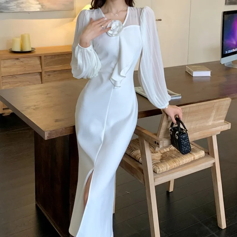 Autumn Elegant Bodycon Midi Dresses for Women Lantern Sleeve V-neck Split Mermaid Evening Party Dress Korean Chic One Piece New