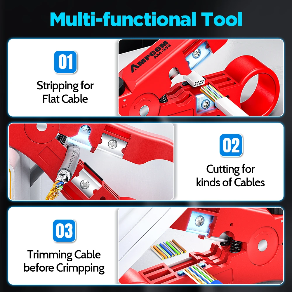 Ferramenta multifuncional AMPCOM para fios coaxiais/redondos/planos, descascador de fios e cortador com compressão
