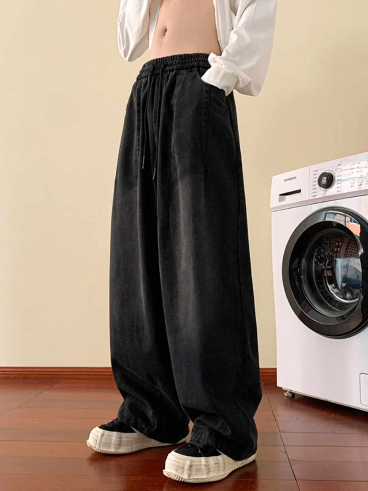 

High Street Wide Leg Men's Jeans American Sle Retro Waed Loose Bla Dad Pants Casual Loose Fit Straight Leg Jeans