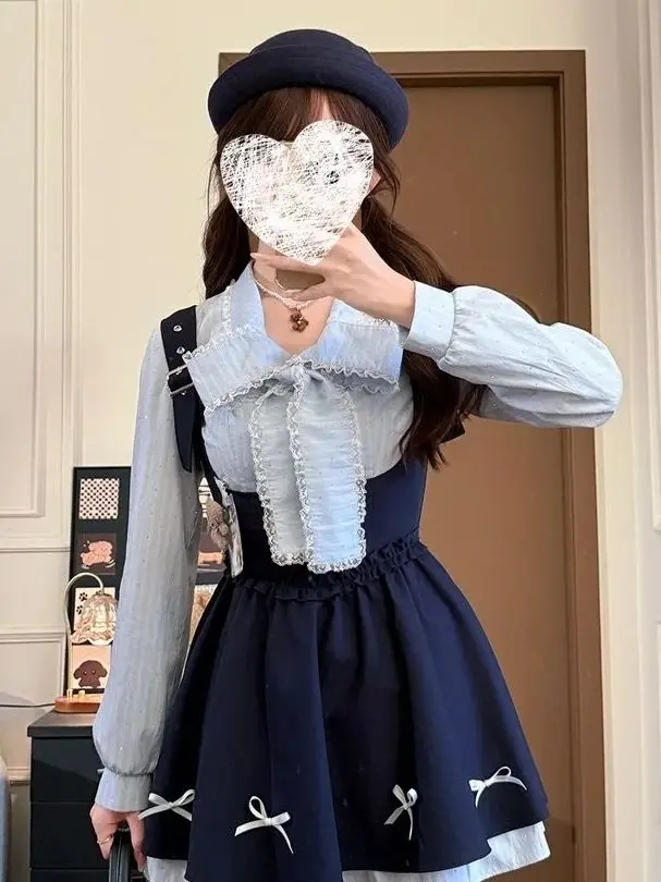 Sweet Blue School Uniform Set Women's Spring Autumn Plaid Shirt Lace Overalls Dress Two-Piece Set Jk Outfit High Waist Skirt