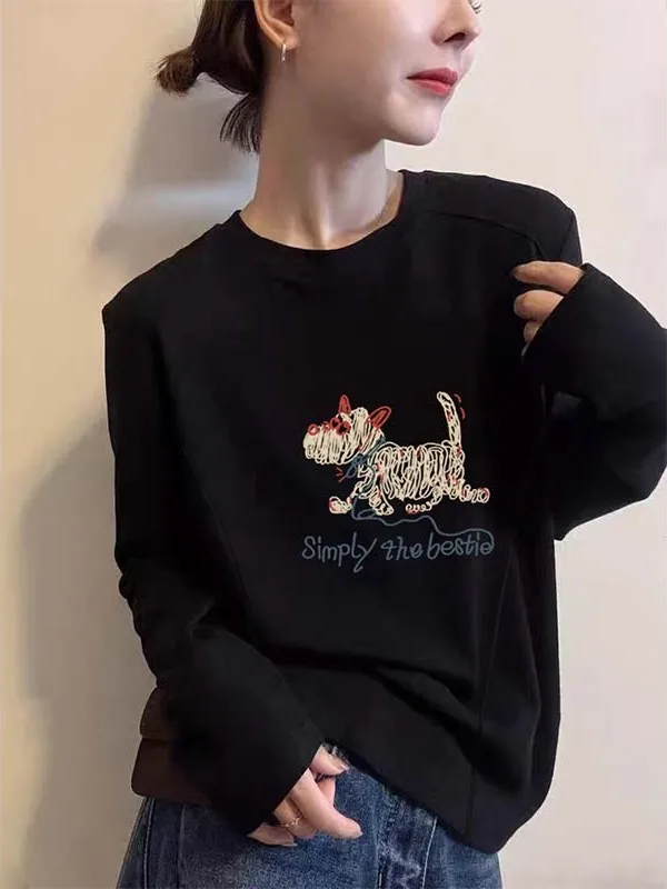 เสื้อยืดผู้หญิงลายการ์ตูนดีไซน์แฟชั่นอเนกประสงค์ ผ้าคาราเมล ฟิโบน เวลเวท บรูด ทรงกลม แขนยาว ให้ความอบอุ่น เหมาะสำหรับเป็นเสื้อตัวใน