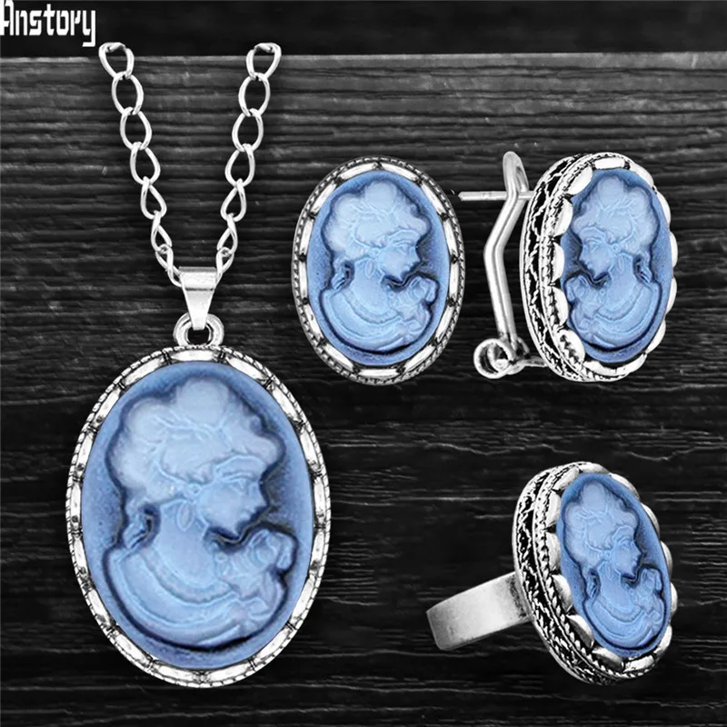 6 Color Vintage Oval Purple Lady Queen Cameo Set For Women Antqiue Silver Plated Cameo Necklace Stud Earring Adjustable Ring Set