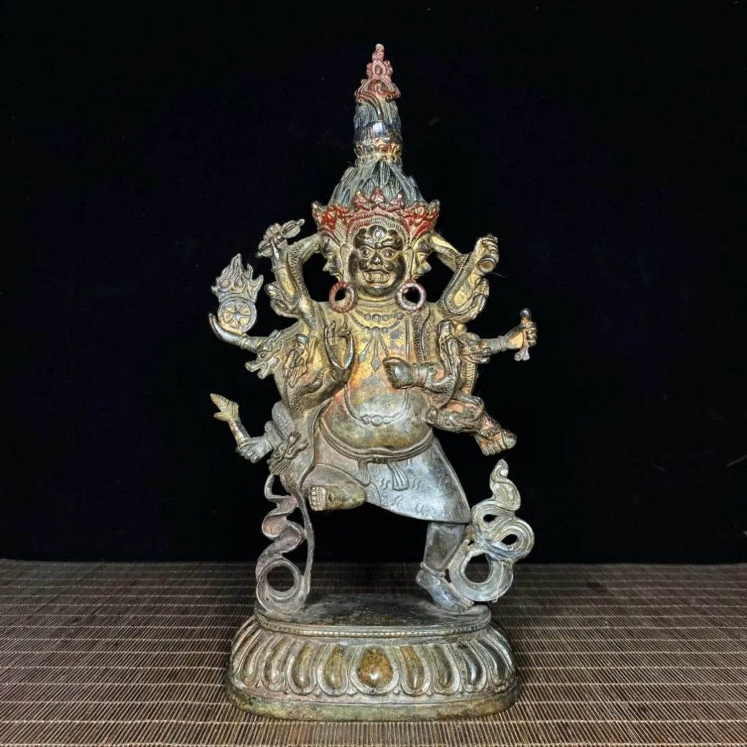 Tibetan Old Yellow Copper Mud Gold Painted Three sided Six Armed Vajra Bodhisattva Statue Decoration, Home Buddhist Hall Supplie