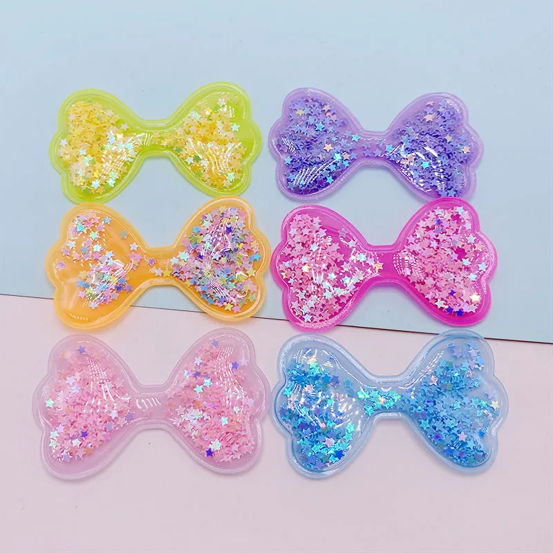 18Pcs 6*3.5CM Transparent Bling Bling Bowknot Flowing Patches Appliques For DIY Children Hair Clip Accessories