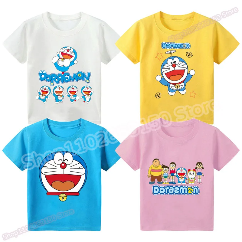 Kawaii Doraemons Boy Anime Cute T-shirt Girl Cartoon Casual Tops Summer Children Fashion Cotton Clothing Kids Creative Top Gifts