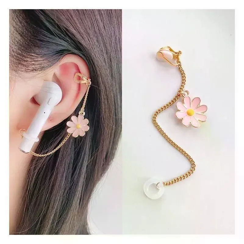Anti-Lost Gold Chain Decor Ear Cuff Adorable Flower Pattern No Piercing Needed for Wireless Earbuds Vacation Wear