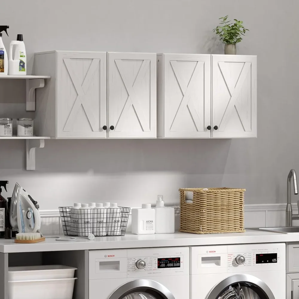 Wall Storage Cabinets - Farmhouse Kitchen Laundry White Wall Mounted Cabinets with 4 Doors and Shelves, One Set of 2 Pieces