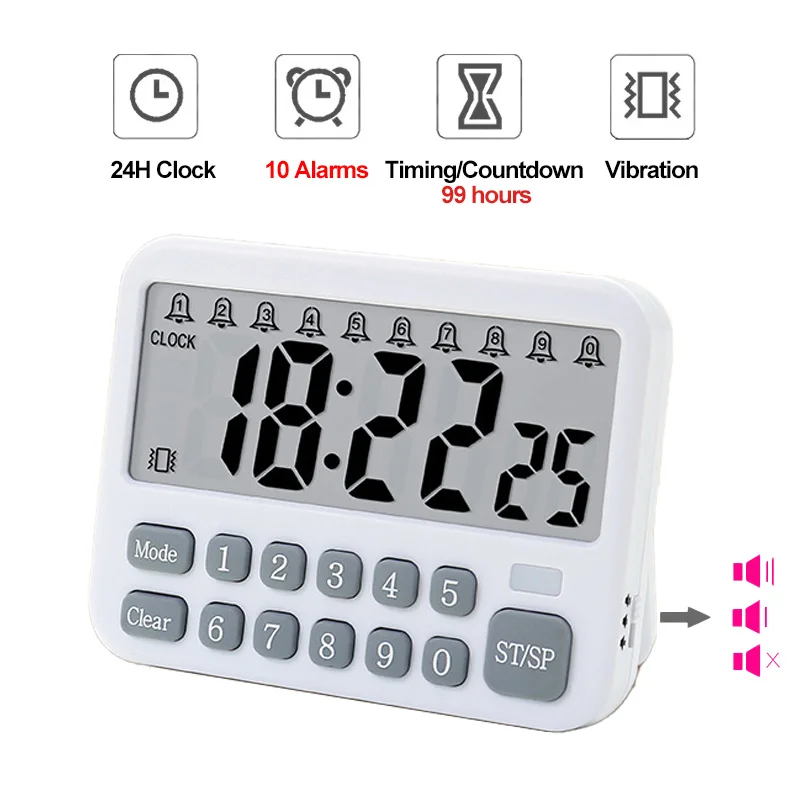 Digital Kitchen Timer 24H Clock 10-Alarms Clocks 99 Hours Countdown Mute/Vibration Magnetic Alarm Clock Table Timers for Cooking