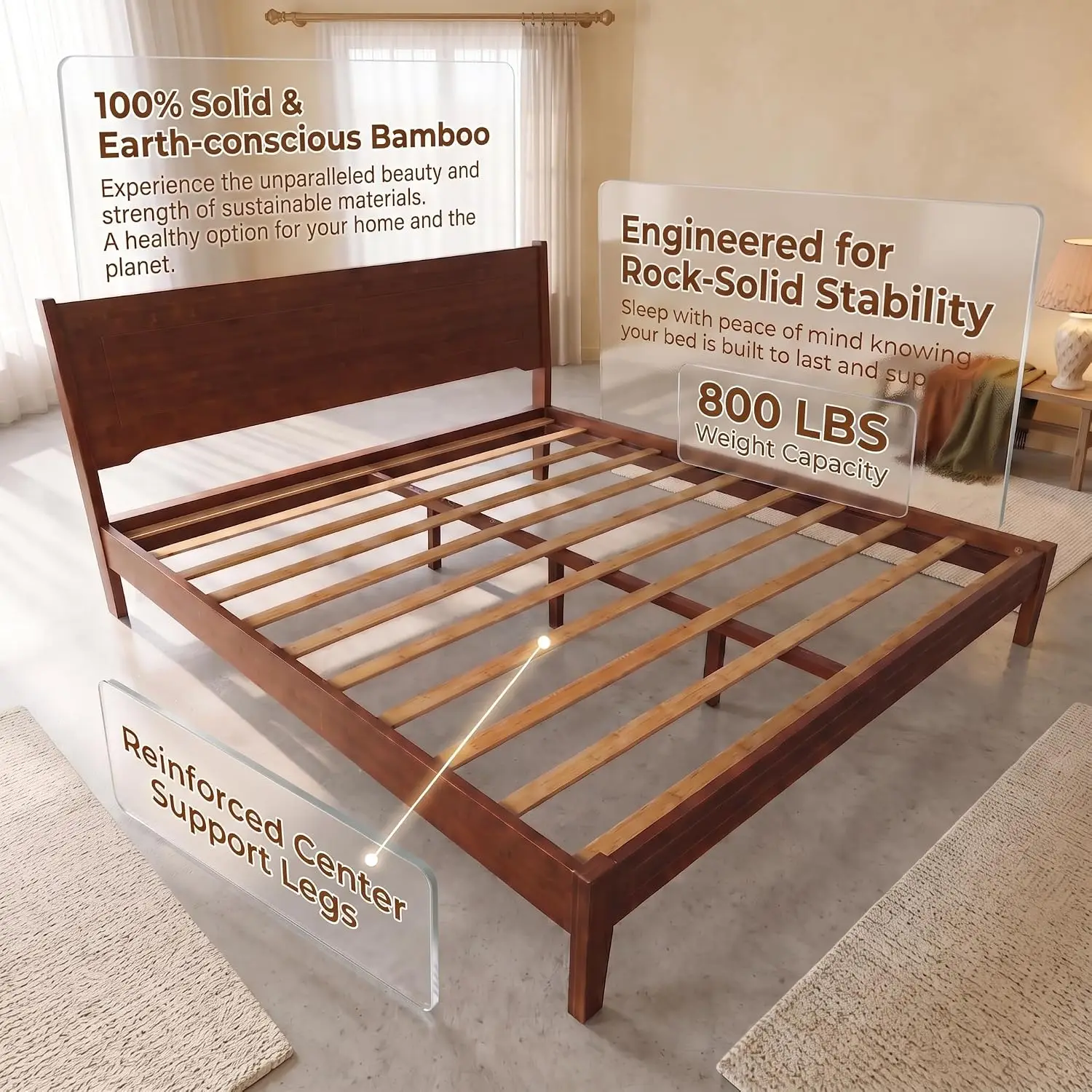 Queen Size Bamboo Platform Bed Frame with Tall Headboard, Customized - view 4