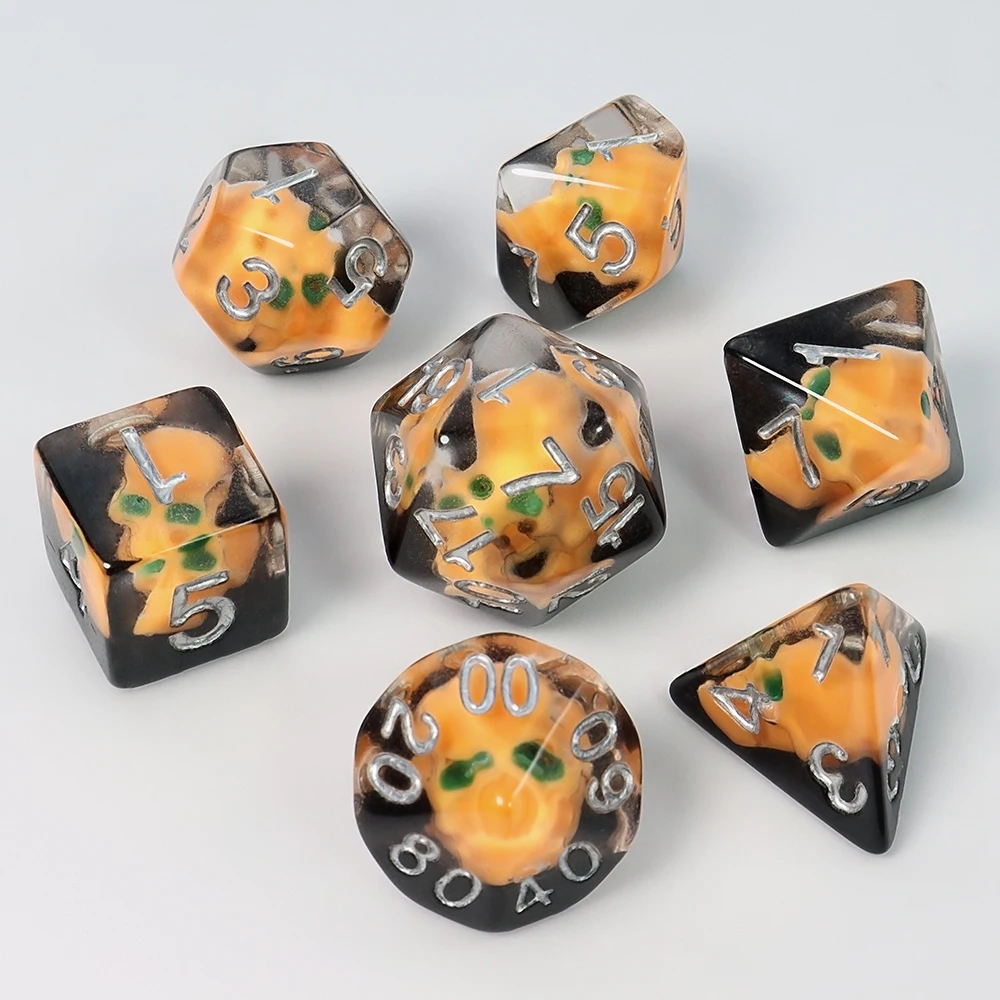 A Set of Pumpkin-Colored Skull Core-Spun Resin Dice, Halloween Multi-Element Ensemble Dice, Various Game Accessories and Supplies