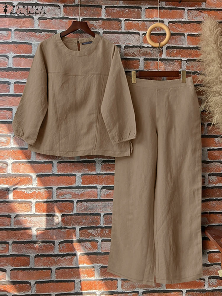 2024 ZANZEA Vintage Suit Summer Women Tracksuits Autumn O Neck 3/4 Sleeve Blouse Pant Sets 2PCS Casual Solid Outfits Oversize