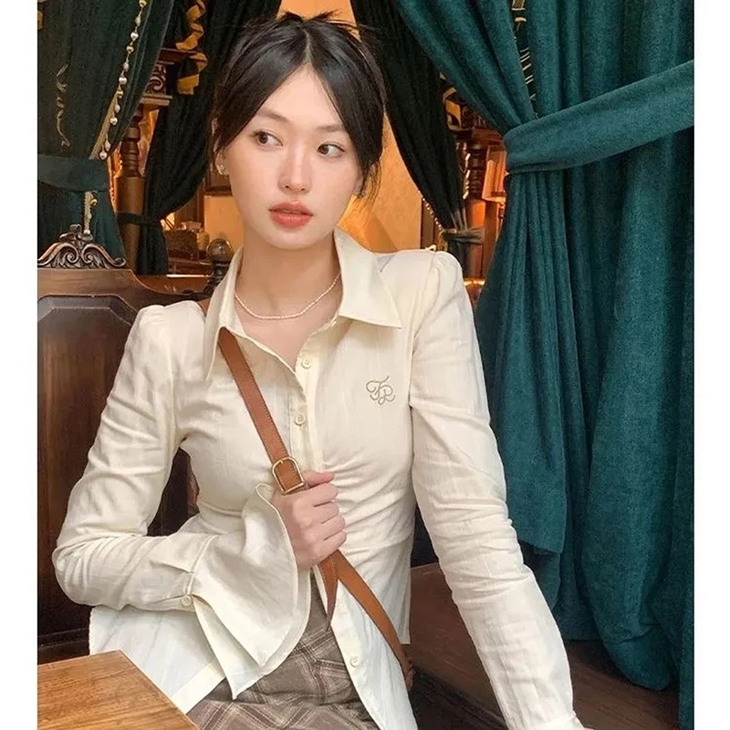 Gidyq Elegant Women Embroidered Shirts Korean All Match Streetwear Female Slim Blouse Spring Fashion Casual Bandage Shirt New