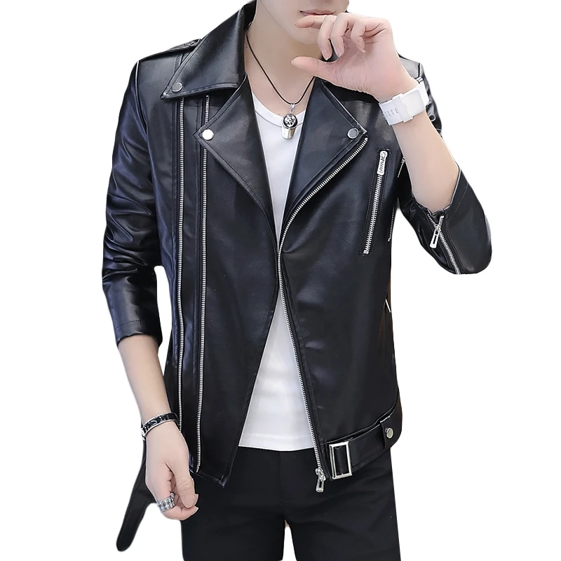 New Men\'s Leather Jacket, Handsome and Personalized Red Leather Jacket, Fashionable and Versatile Rivet Motorcycle Style Jacket, Red White Black