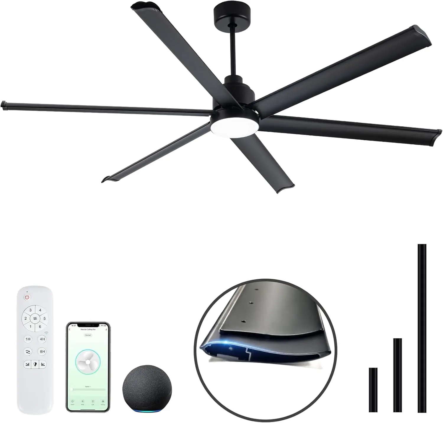 Ventilatori da soffitto industriali Smart Alexa da 84" con luce, 6 pale in alluminio a doppio strato, grande ventilatore da soffitto nero con 6 velocità D silenziosa