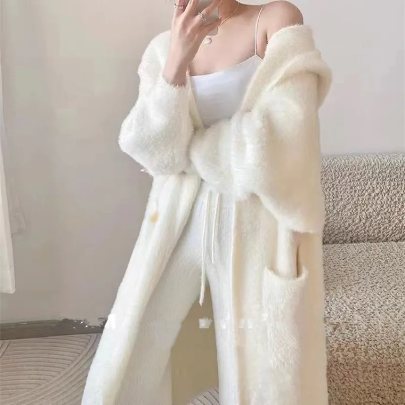 Mid-length Imitation Mink Fur Autumn Coat Female 2026 New Mohair Knitted Sweater Cardigan Pockets Loose Home Casual Clothing