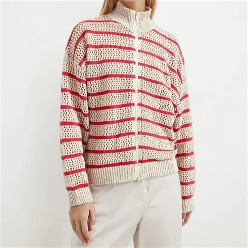 

Cardigan for women New elastic knitted high neck long sleeved top for summer 2025 Sequin decorative thin coat Linen blend jacket