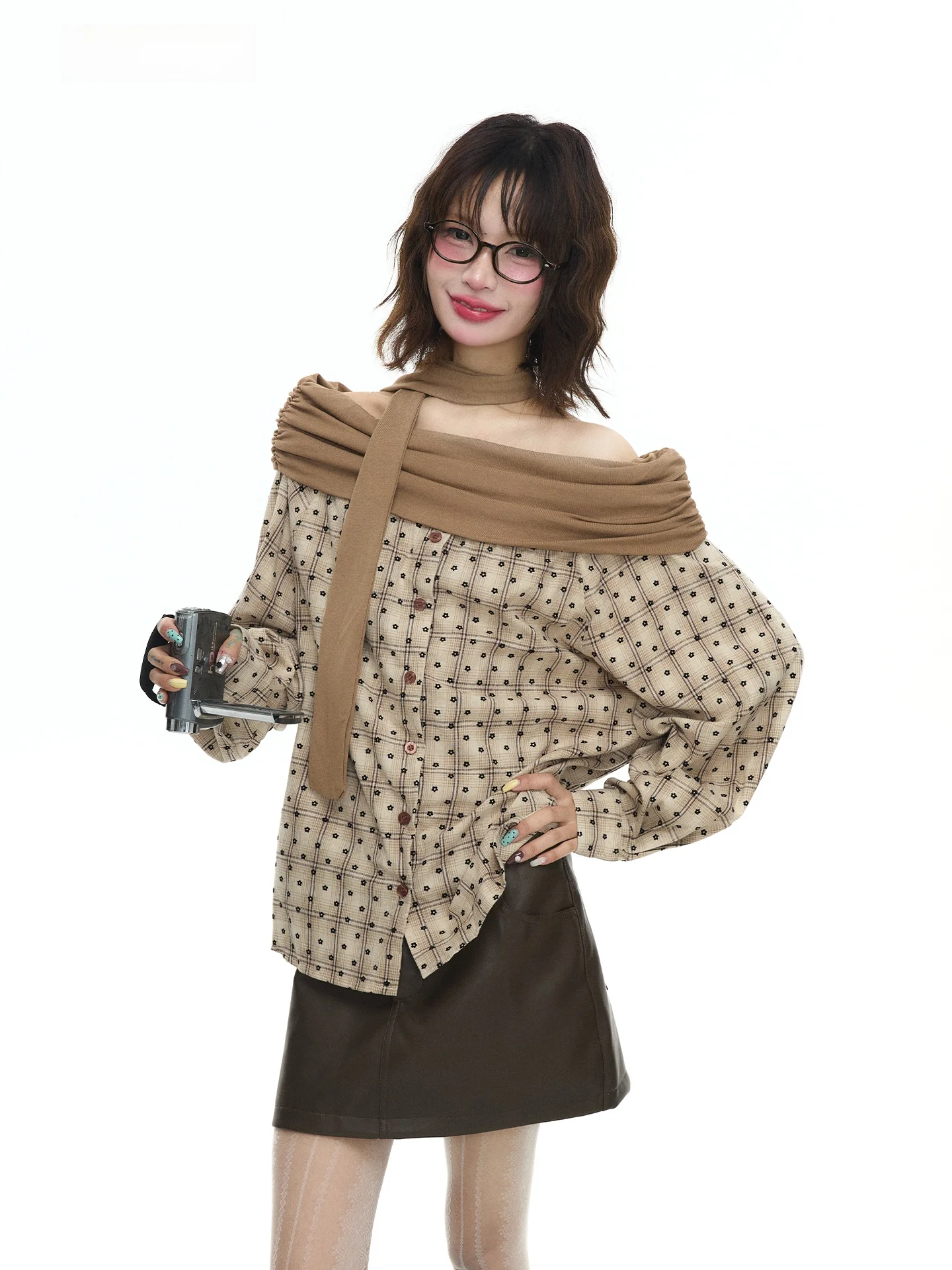 

Женская рубашка Astrsk в корейском стиле, в клетку, с длинным рукавом, свободного кроя, с воротником, осенняя, модная, универсальная, с узлом, для офиса