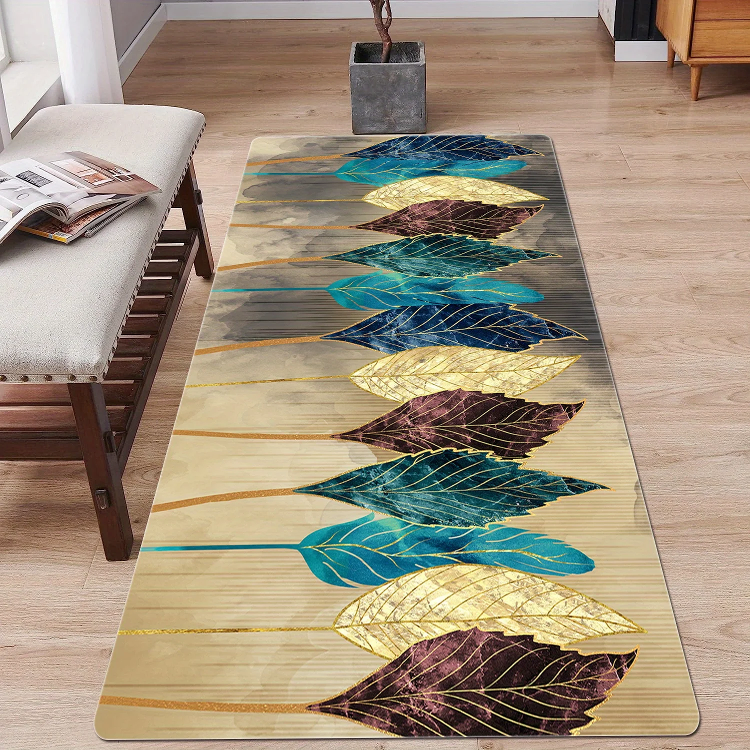 

Moroccan Style Leaf Printed Pattern Floor Rug Rectangle Home Carpet for Living Room Soft Fluffy Bathroom Rug Nonslip Mat