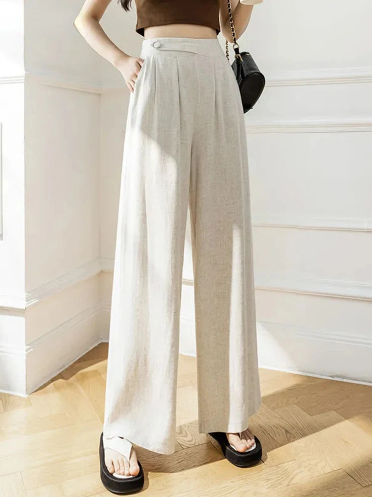 

Summer New Cotton Linen Hig Waist Wide Leg Pants Mom's Straight Sweatpant Women Big Size Trousers Casual Baggy Pantalones