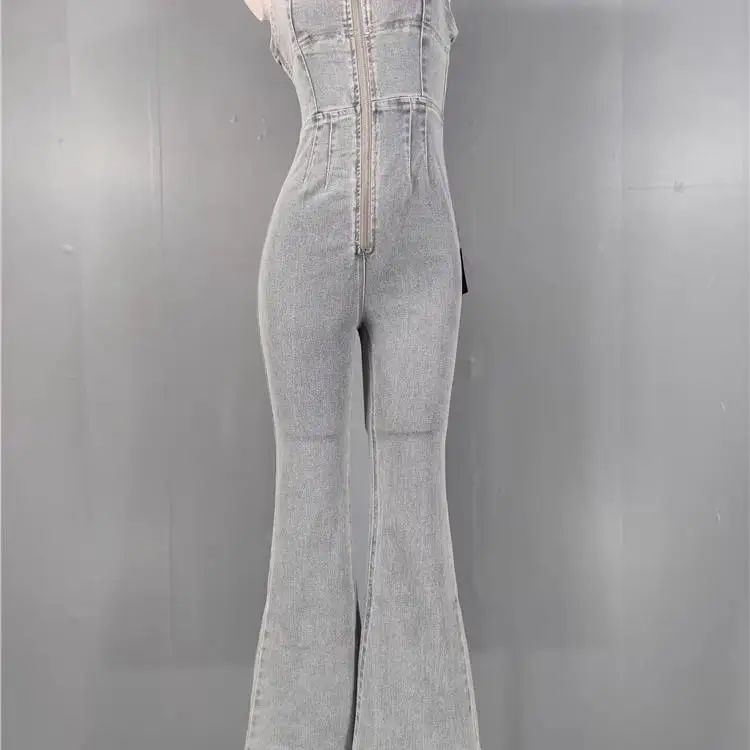 

Faionable Micro Flared Denim Jumpsuit Slim Fit Elastic Body ape Highlighting High Waist Long Pants Women's All-Match Sle