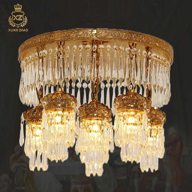 European Classic Living Room Copper Ceiling Light Fixtures French Indoor Dining Room Bedroom Brass Crystal Ceiling Lamp