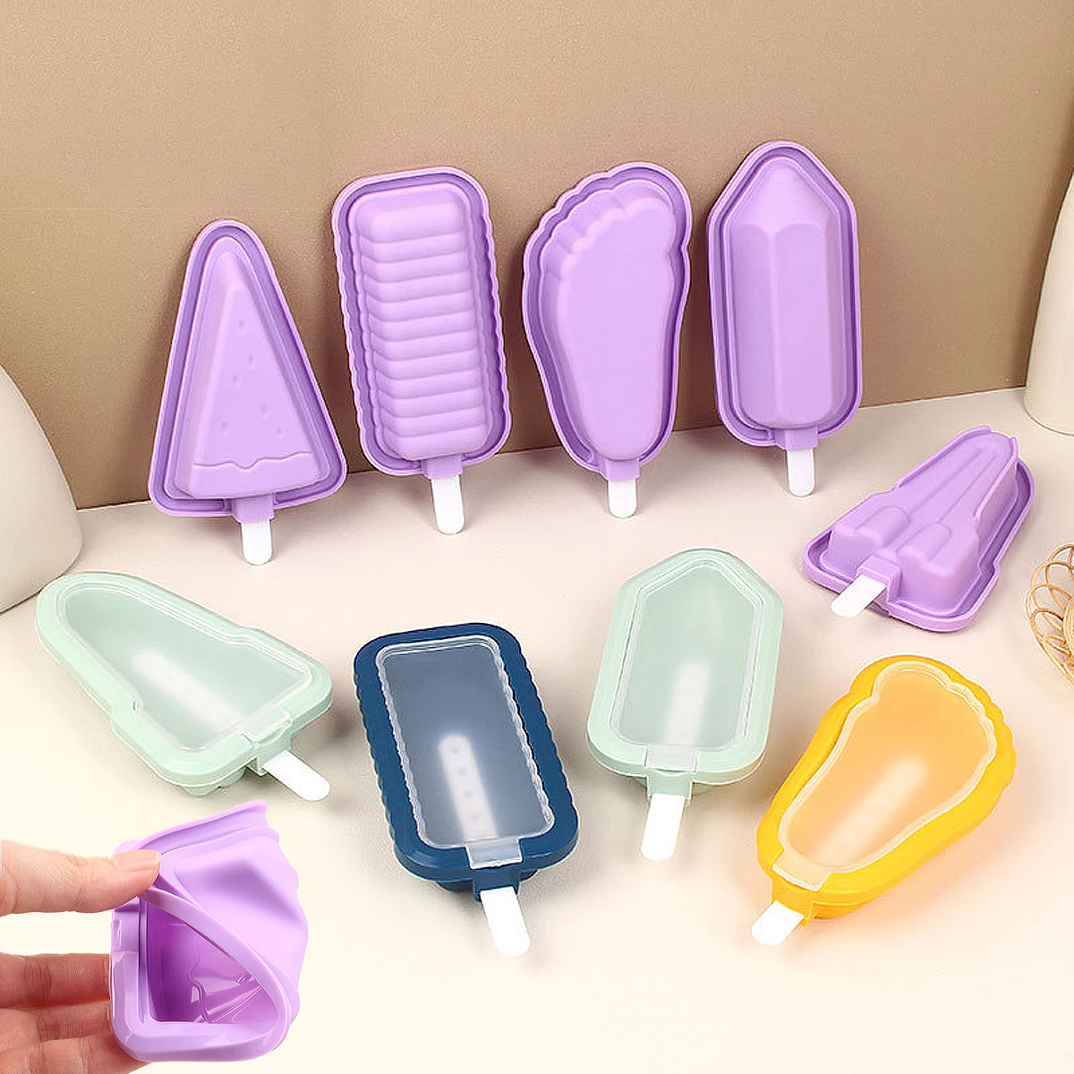 Summer Watermelon Ice Cream Silicone Mold Geometry Rocket Popsicles Ice Tray Foot Cheese Stick Baking Set Birthday Party Snacks