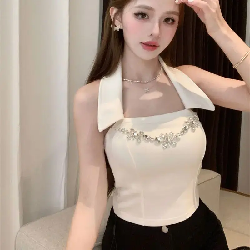 

Women Turn Over Collar Hanging Neck Crop Top Aesthetic Vest Halter Neck Corset Top Sleeveless Off Shoulder Tank Top Clothes