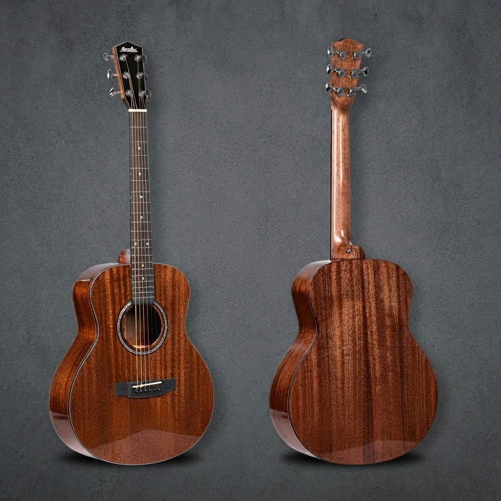 Red-Brown Gloss GA Guitar, Round Body Acoustic, Decorative Rosette, Black Bridge, Chrome Tuners, 6 Strings for Beginners