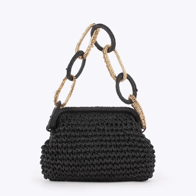

New Trendy Summer Handmade Paper Woven Clip Bag Personalized Shoulder Strap Straw Woven Women Bag Beach Vacation Daily Casual
