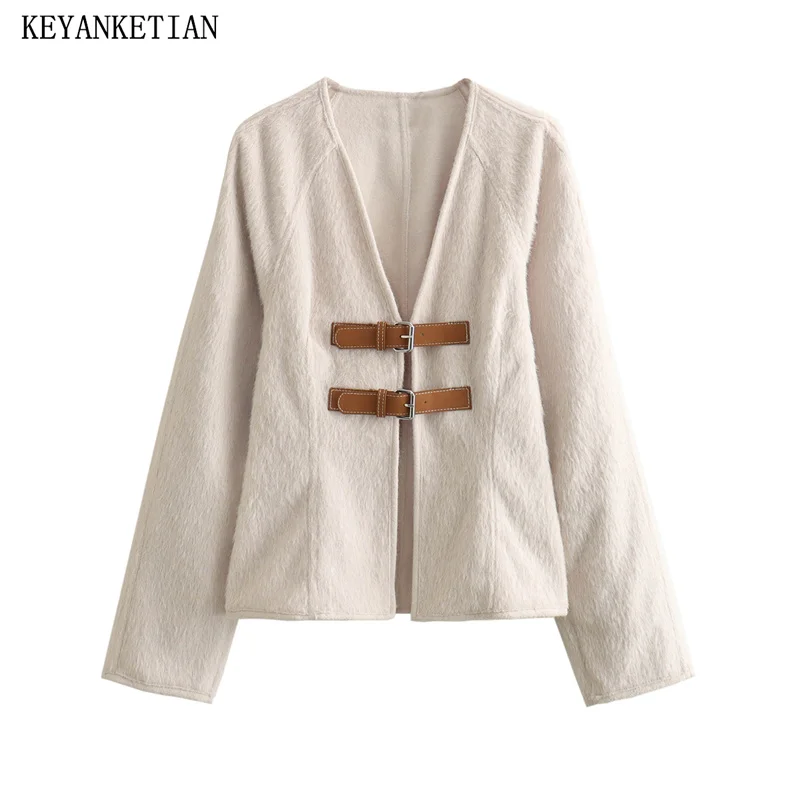 

KEYANKETIAN 2024 New Launch Women's Belt Buckle Decoration Soft Touch Short Wool Coat Spring Slim V-Neck Woolen Outerwear Top