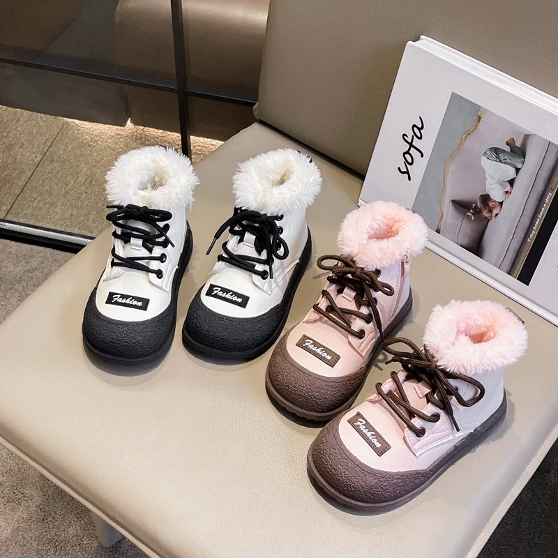 

Уличные модные плюшевые ботинки для девочек, зимние теплые пушистые детские повседневные хлопковые ботинки, короткие универсальные детские ботильоны