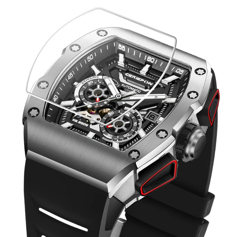 CERIEPON Wine Barrel Shape Men's Fully Automatic Watch 5ATM Waterproof Luminous Rubber Strap Silver Track Series Perfect Gift - view 3