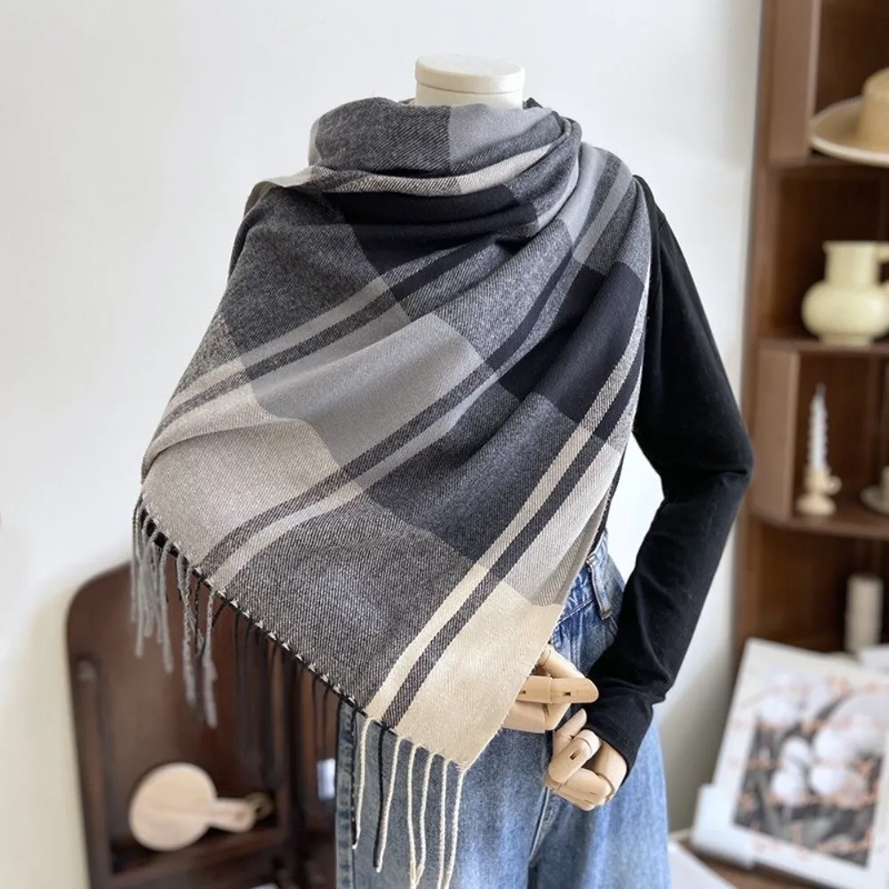 

Casual Windproof Plaid Scarf Keep Warm Thick Imitation Cashmere Shawl Korean Style Long Shawl Wrap Girl