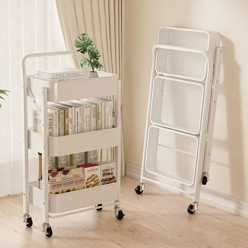 Installation Free Folding Metal 4 Tier Kitchen Rack Multi Layer Vegetable Basket Baby Storage Trolley Removable Thickened