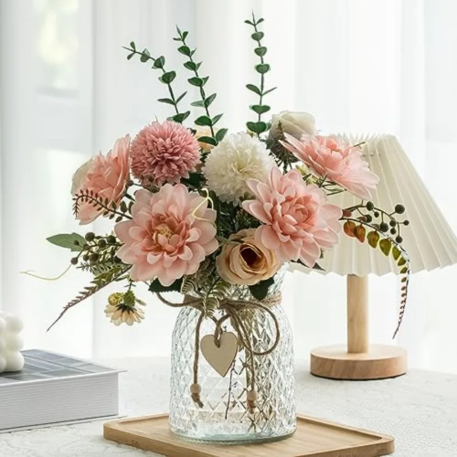 

Pack Set Fake Flowers with Vase, Faux Flowers in Vase for Home Decor, Silk Pink Dahlia Artificial Flowers with Vase for Coffee