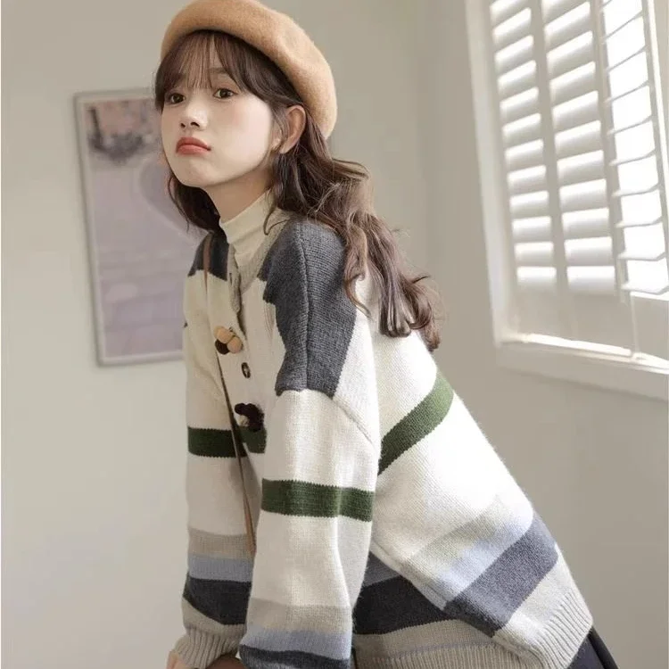 Contrast Striped Sweater for Women in Spring and Autumn New Vintage American Lazy Style Top Cardigan Knit Jacket Girls Clothing