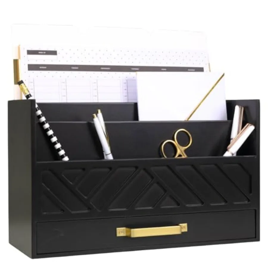 

Wooden Mail Organizer with Drawer and Gold Handle Mail Sorter Organizer Countertop for Desk Outgoing Mail Holder and Letter Sor