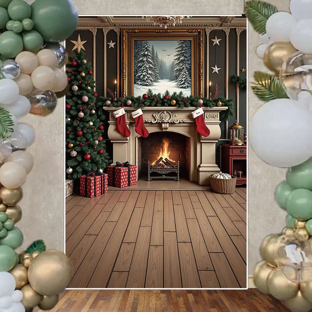 Toile de fond de Noël pour la photographie, cheminée en brique, cadeau, grand arbre, arrière-plan photo, studio photo, accessoires de photocall, 2025, 2024
