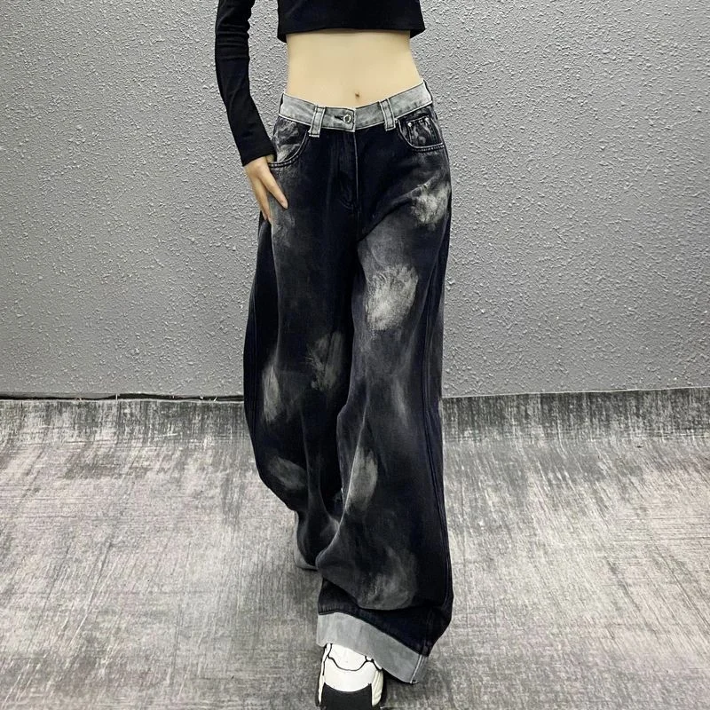 Tie-dye Color-blocked Jeans Women in Early Autumn New High-waisted, Loose and Versatile Design Wide-leg Floor-sliding Pants