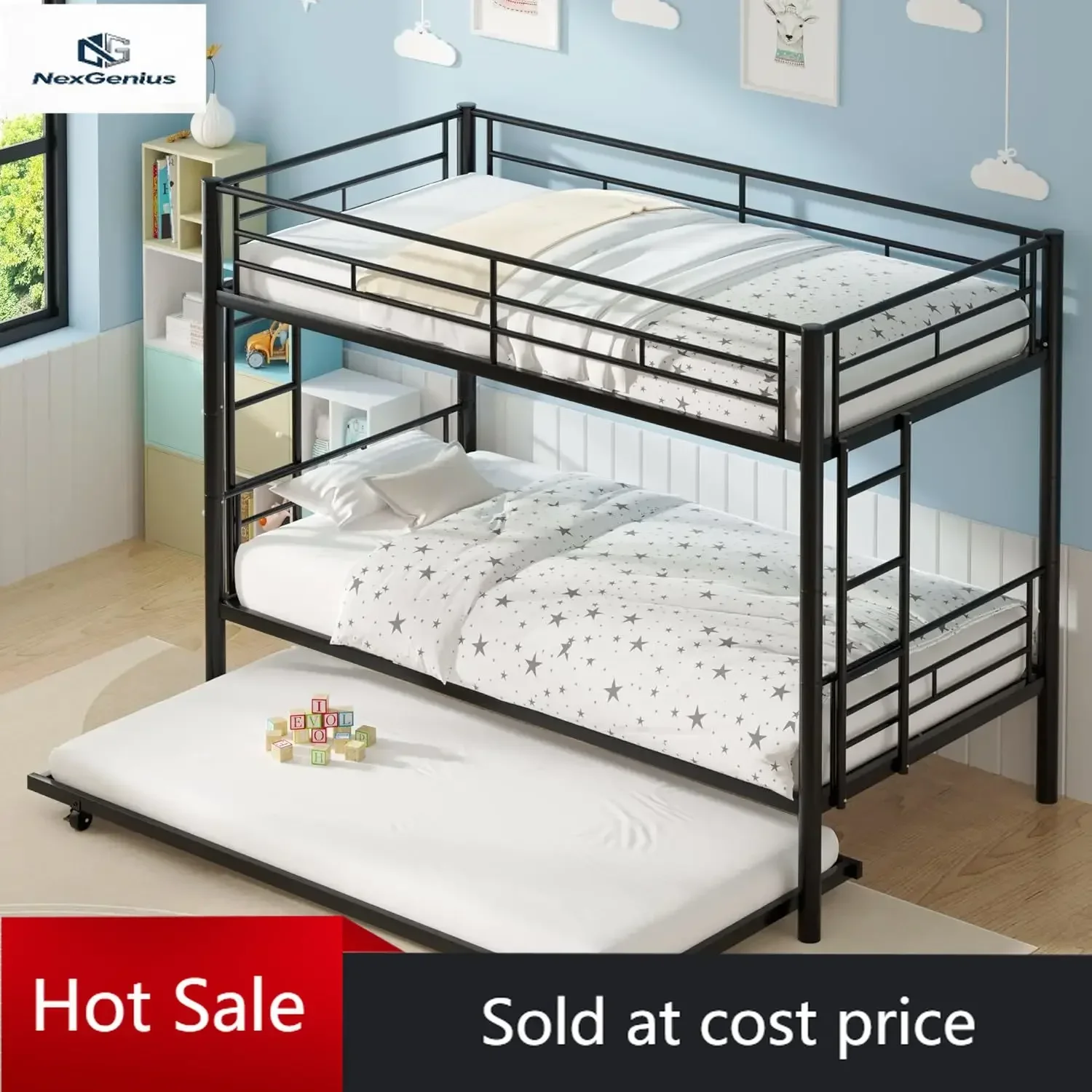 VECELO Twin Over Twin Bunk Bed with Trundle, Metal Bunkbeds with Ladder and Full-Length Guardrail, Noise Free, No Box Spring Nee