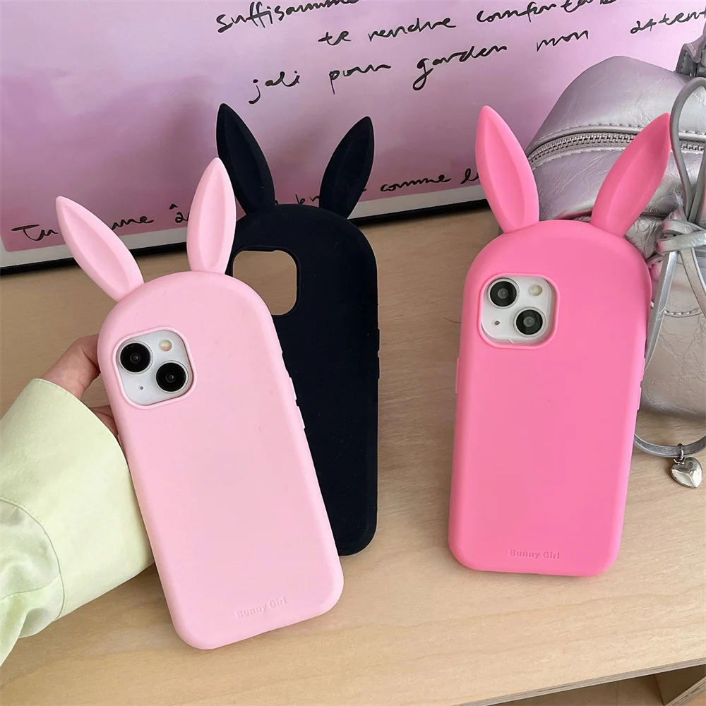 Cute 3D Cartoon Long Ear Rabbit Silicone Phone Case for iPhone16 15 14 Plus 13 12 Pro Max Funny Bunny Girl Shockproof Back Cover