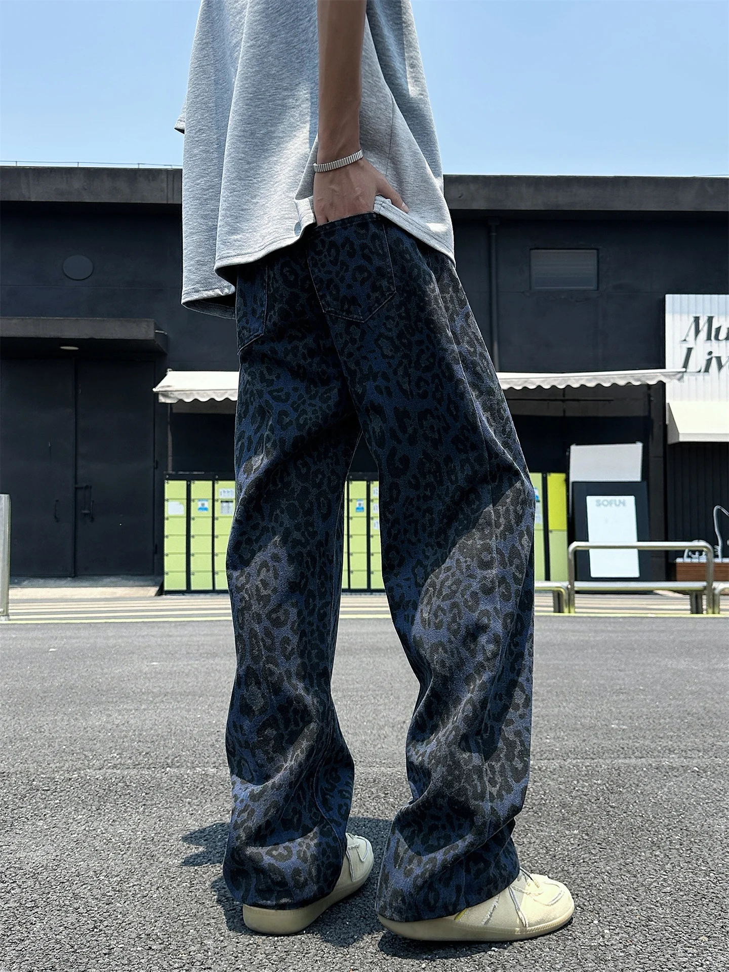 

American Sle Wide Leg Men's Jeans Leopard Print Waed Casual Straight Vintage Hip Hop High Street Summer Loose Fit Jeans