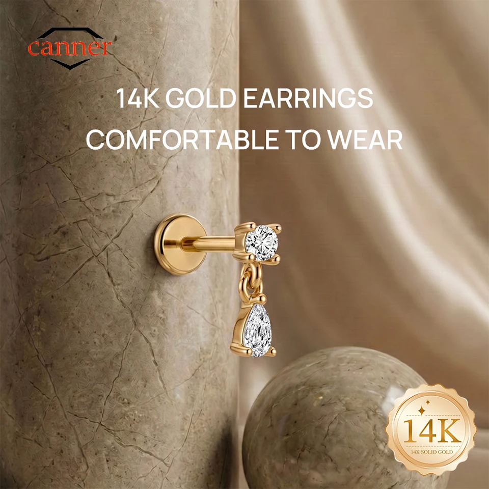 CANNER 1PC 14K Solid Gold Pear CZ G23 Titanium Piercing Stud Earring Women Hypoallergenic Cartilage Helix Tragus Jewelry Gift