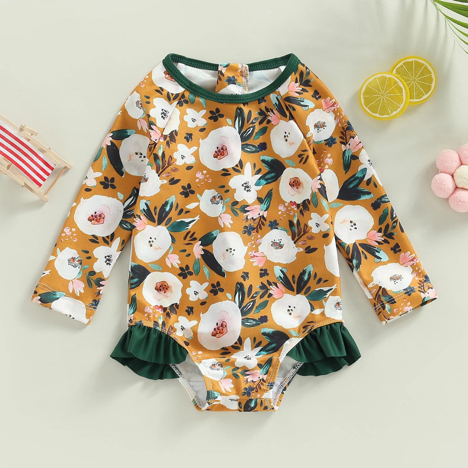 The Latest 1-5T Children\'S Baby Girl Swimwear Summer Floral Long-Sleeved Zipper Ruffled Round Neck Swimwear Beachwear Swimwear